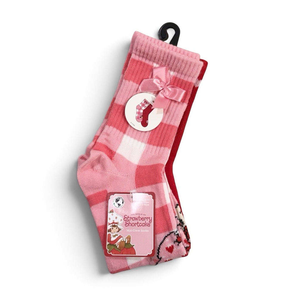 Strawberry Shortcake & Friends Novelty Crew Socks Sz 4-10 Pink & Red 2 Pairs NEW